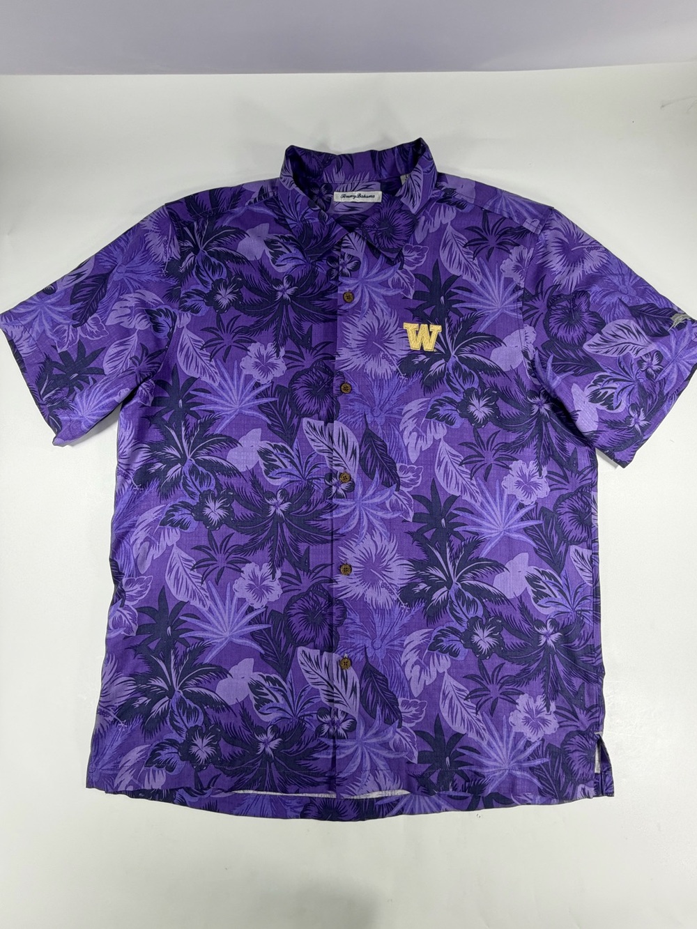 Tommy Bahama NCAA Washington Huskies Silk Hawaiian Camp Shirt Purple Mens Large
